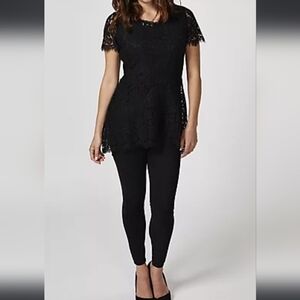Isaac Mizrahi Dainty Black Floral Lace Peplum Stretchy Short sleeve blouse sizeS